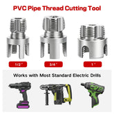 4PCS PVC Pipe Threader Kit (1/2", 3/4", 1", Hex Shank), Integrated Internal & External Straight Threading Tapping Tool, Heavy-Duty Plastic Tube Reamer Deburring Set for Power Drill, DIY Plumbing Tool