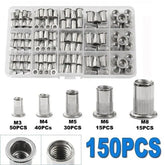 Rivet Nut Tool Kit, 150pcs SAE/Metric Rivet Nut Assortment Kit , w Galvanized Carbon Steel Flat Head Threaded Insert Nuts ( 150pcs) ,Threaded Insert Nut Set, M3/M4/M5/M6/M8 Threaded Nut Set, Stainless Steel Rivet Nut Assortment Kit
