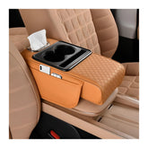 Car Center Console Armrest Pillow, Memory Foam Leather 4 in 1 Vehicle Arm Rest Cover with Tissue Box 2 Side Storage Bag Cup & Phone Holder, Auto Armrest Cushion, Universal Fit (Orange)