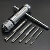 Ratchet T Handle Tap Wrench + 5pcs M3 M4 M5 M6 M8 Machine Screw Metric Thread Milling Plug T-shape Taps Set, Both Way Hand Tap Set Adjustable Manual Tapping Tool Kit for Home Use