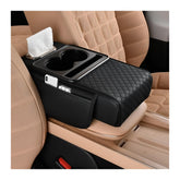 Car Center Console Armrest Pillow, Memory Foam Leather 4 in 1 Vehicle Arm Rest Cover with Tissue Box 2 Side Storage Bag Cup & Phone Holder, Auto Armrest Cushion, Universal Fit (Orange)