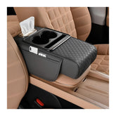 Car Center Console Armrest Pillow, Memory Foam Leather 4 in 1 Vehicle Arm Rest Cover with Tissue Box 2 Side Storage Bag Cup & Phone Holder, Auto Armrest Cushion, Universal Fit (Orange)